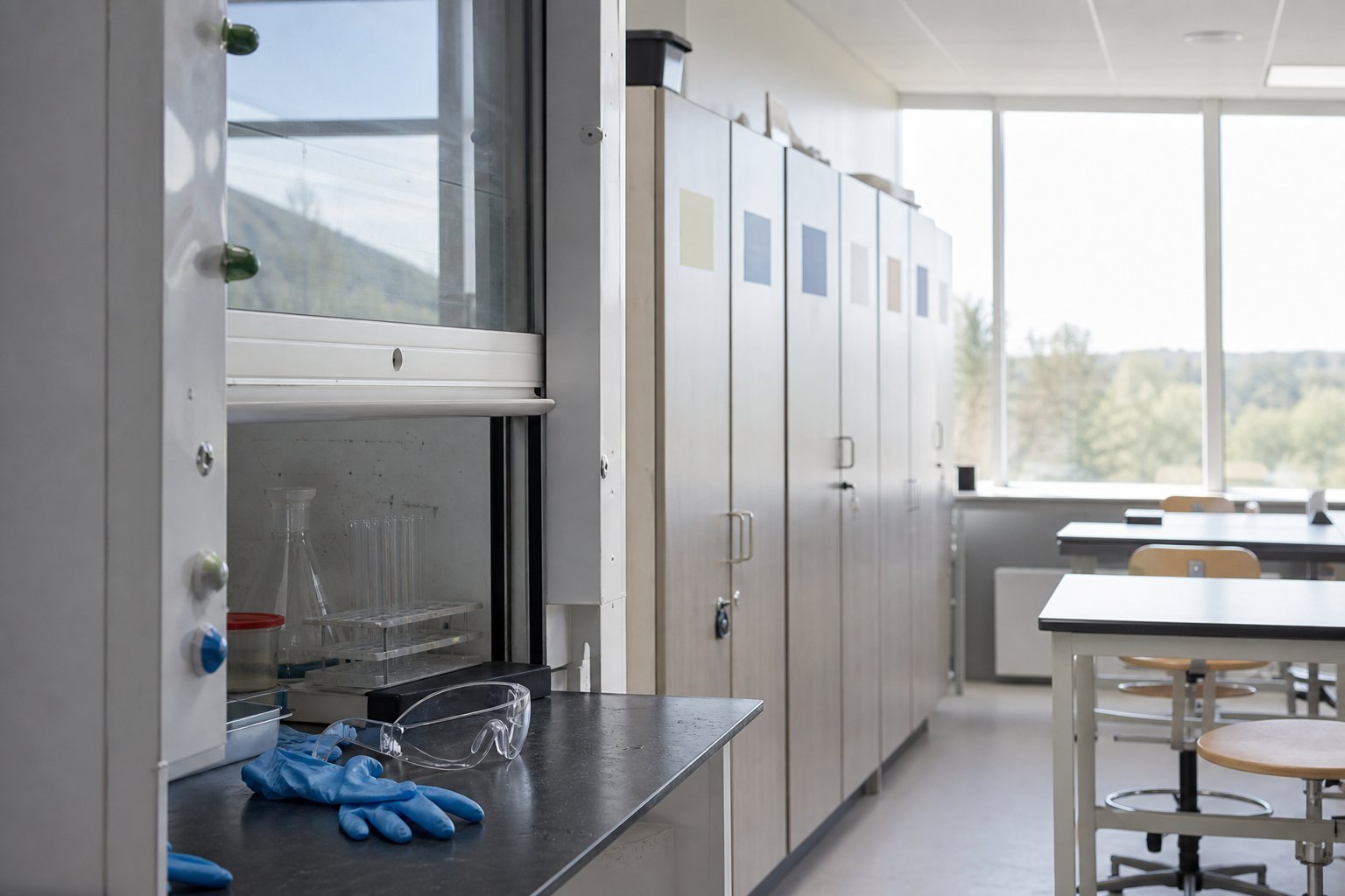 Naturfagslokale på en dansk skole med stinkskab, beskyttelsesbriller og nitrilhandsker på bordet og aflåst kemikalieskab