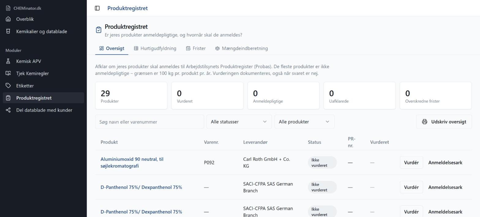 Produktregistret-modulet i Kemikalier.dk med status, frister og anmeldelsesark