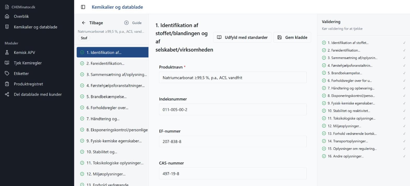 SDS-editoren i Kemikalier.dk opbygget efter sikkerhedsdatabladets 16 afsnit